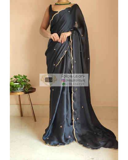 Black Crepe Silk Saree With Handembroidered Scalloping - kreationbykj