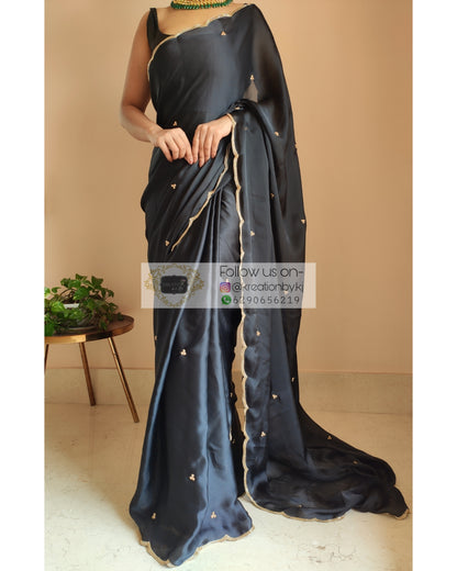 Black Crepe Silk Saree With Handembroidered Scalloping - kreationbykj