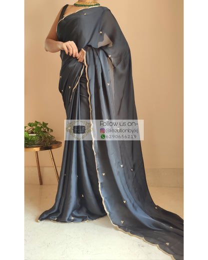 Black Crepe Silk Saree With Handembroidered Scalloping - kreationbykj