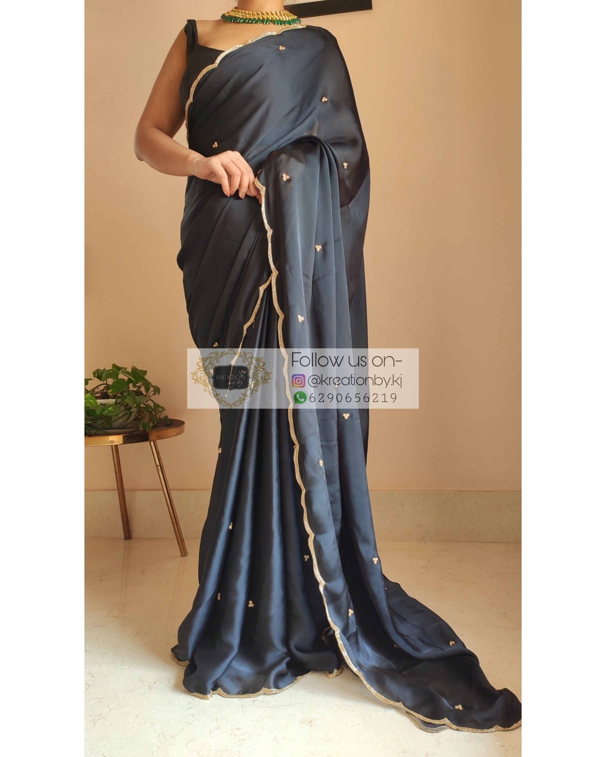 Black Crepe Silk Saree With Handembroidered Scalloping - kreationbykj