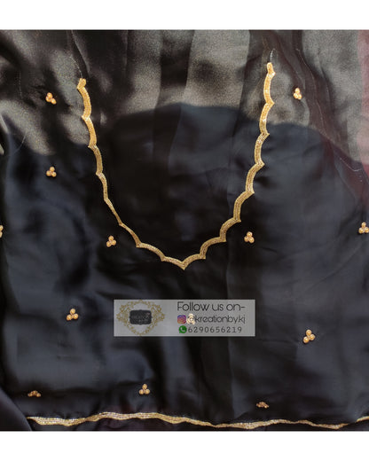 Black Crepe Silk Saree With Handembroidered Scalloping - kreationbykj