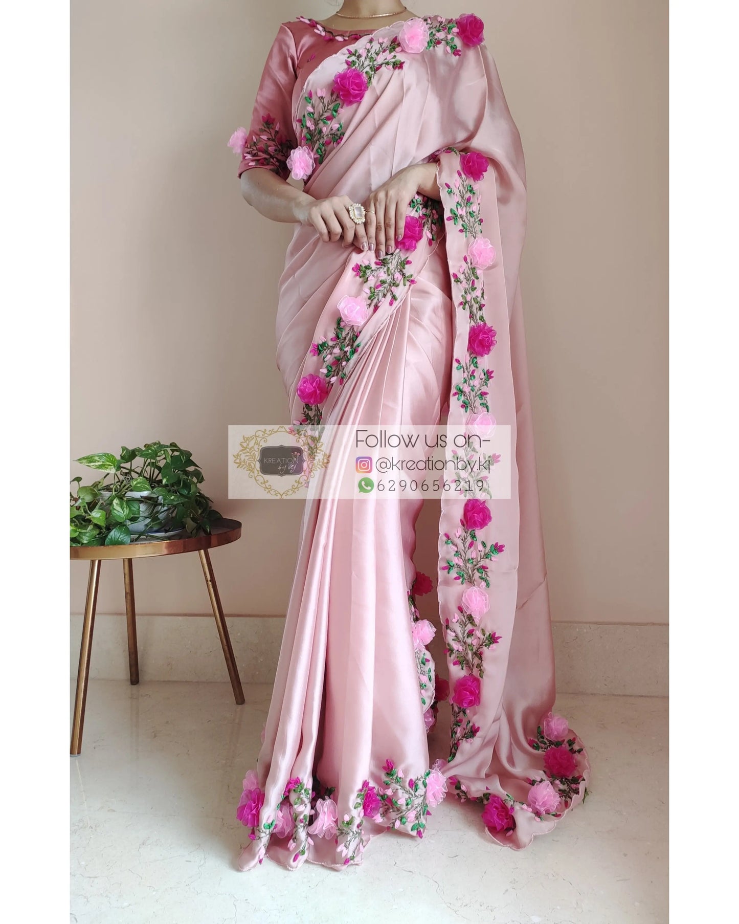 Onion Pink French Ribbon Embroidered Saree - kreationbykj