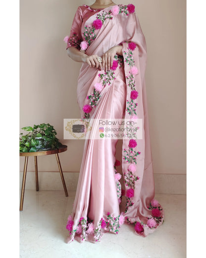 Onion Pink French Ribbon Embroidered Saree - kreationbykj