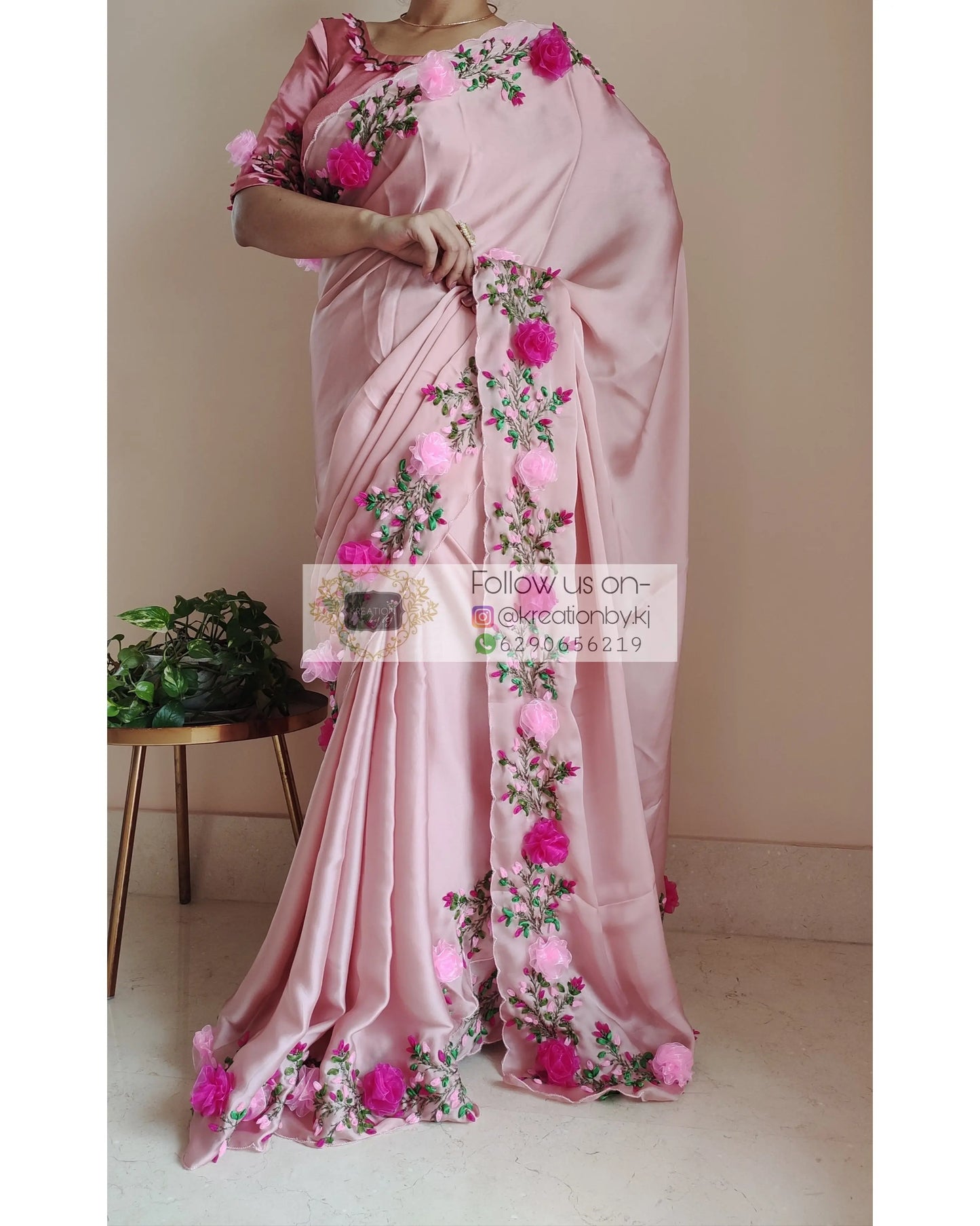 Onion Pink French Ribbon Embroidered Saree - kreationbykj