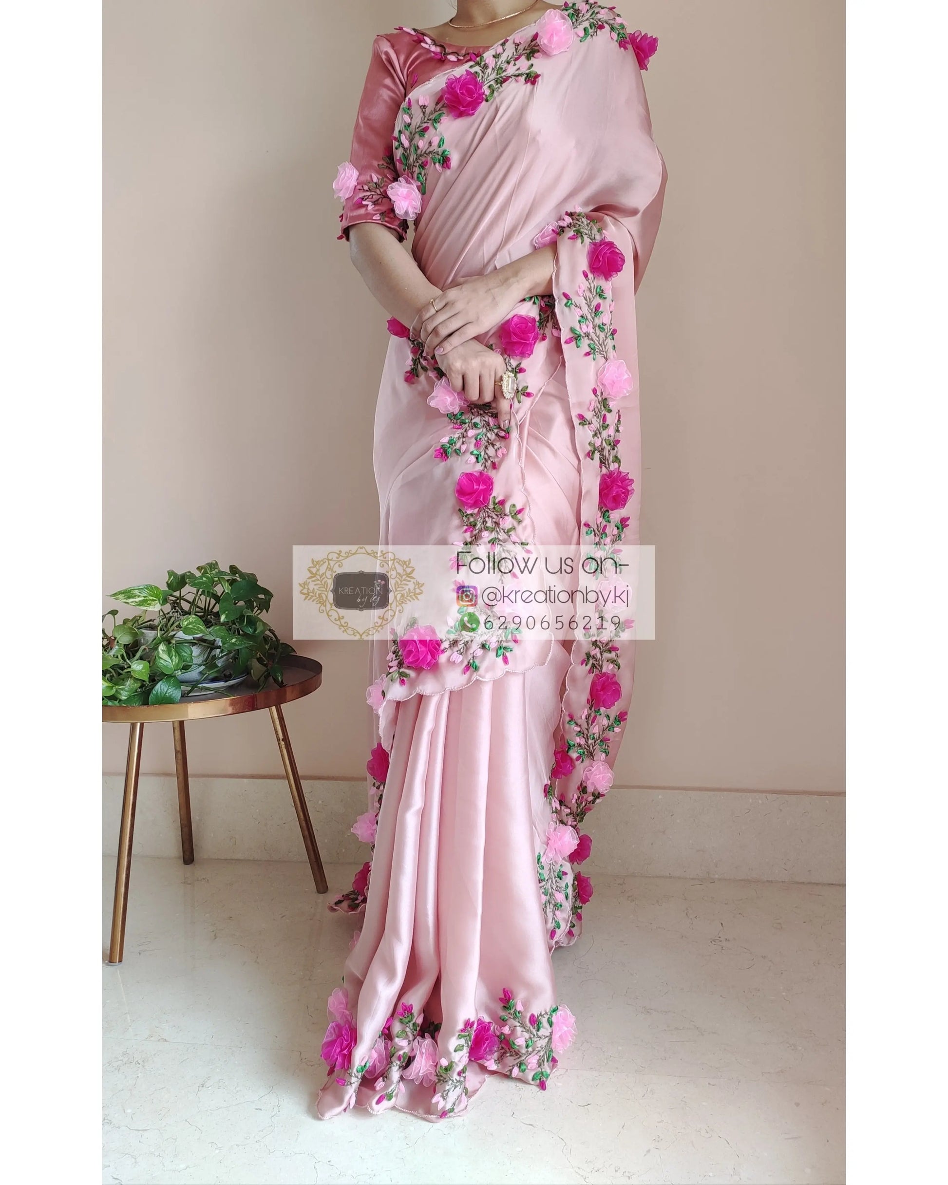 Onion Pink French Ribbon Embroidered Saree - kreationbykj