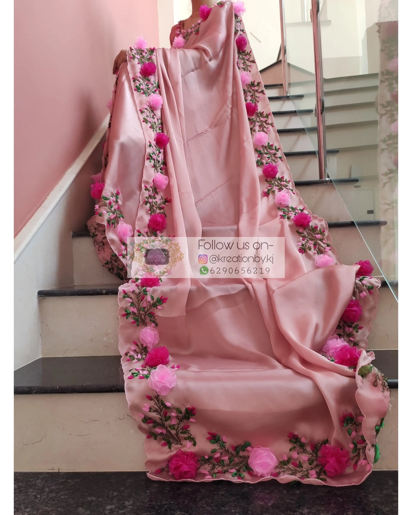 Onion Pink French Ribbon Embroidered Saree - kreationbykj