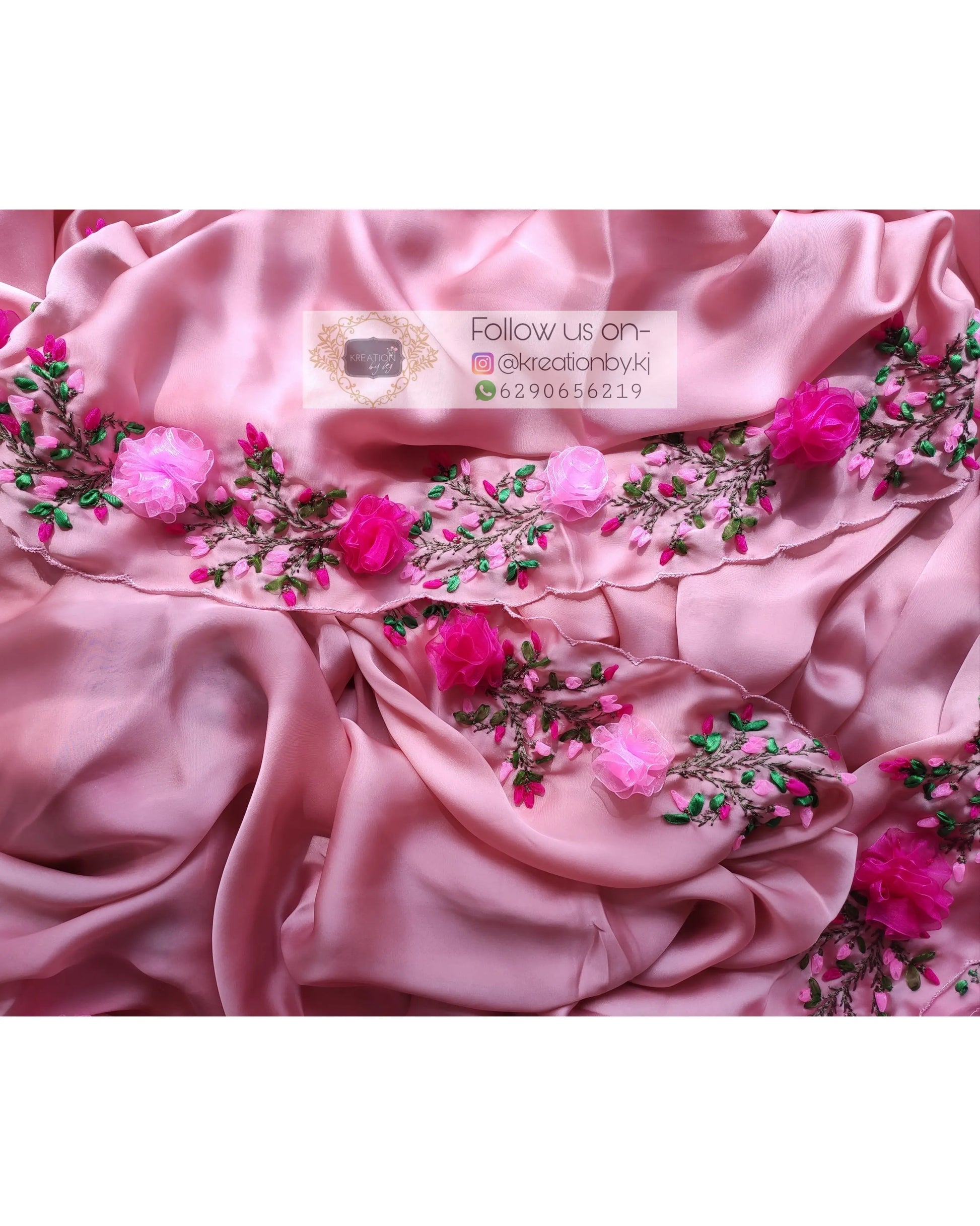 Onion Pink French Ribbon Embroidered Saree - kreationbykj