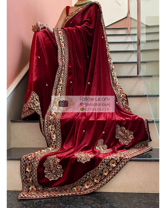 Burgundy Velvet Bridal Saree - kreationbykj