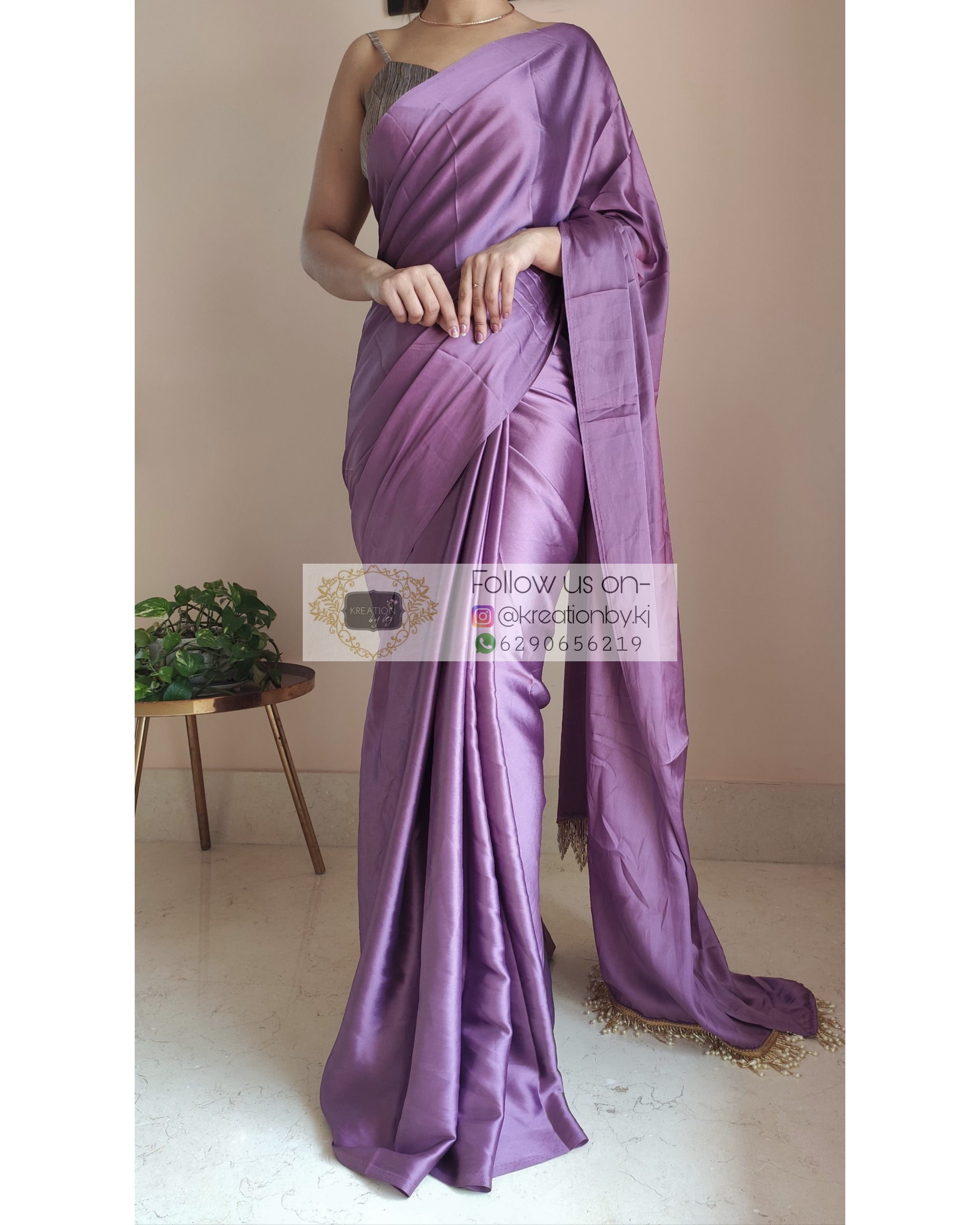 Heather Satin Silk Saree With Handmade Tassels On Pallu - kreationbykj