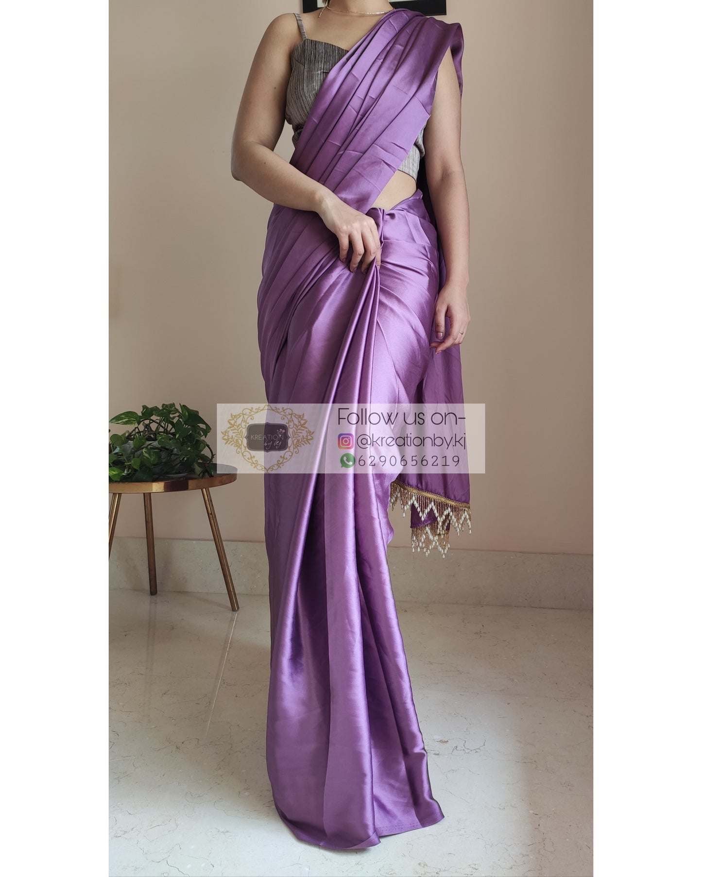 Heather Satin Silk Saree With Handmade Tassels On Pallu - kreationbykj