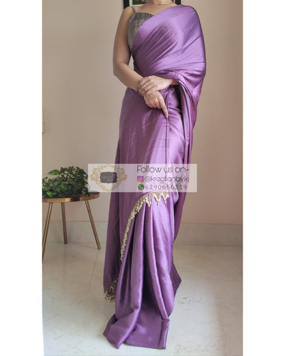 Heather Satin Silk Saree With Handmade Tassels On Pallu - kreationbykj