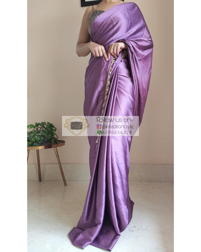 Heather Satin Silk Saree With Handmade Tassels On Pallu - kreationbykj