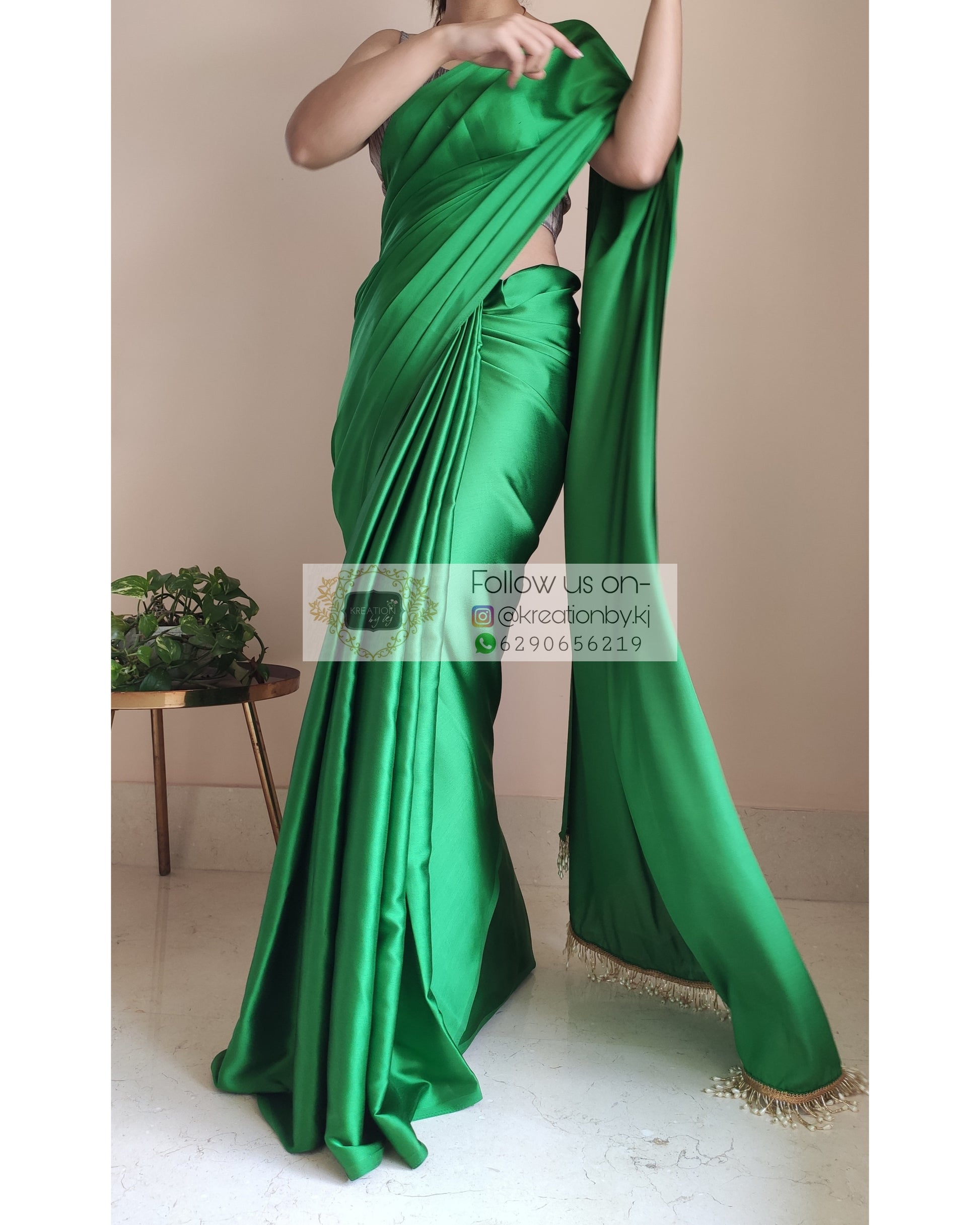 Parrot Green Satin Silk Saree With Handmade Tassels On Pallu - kreationbykj