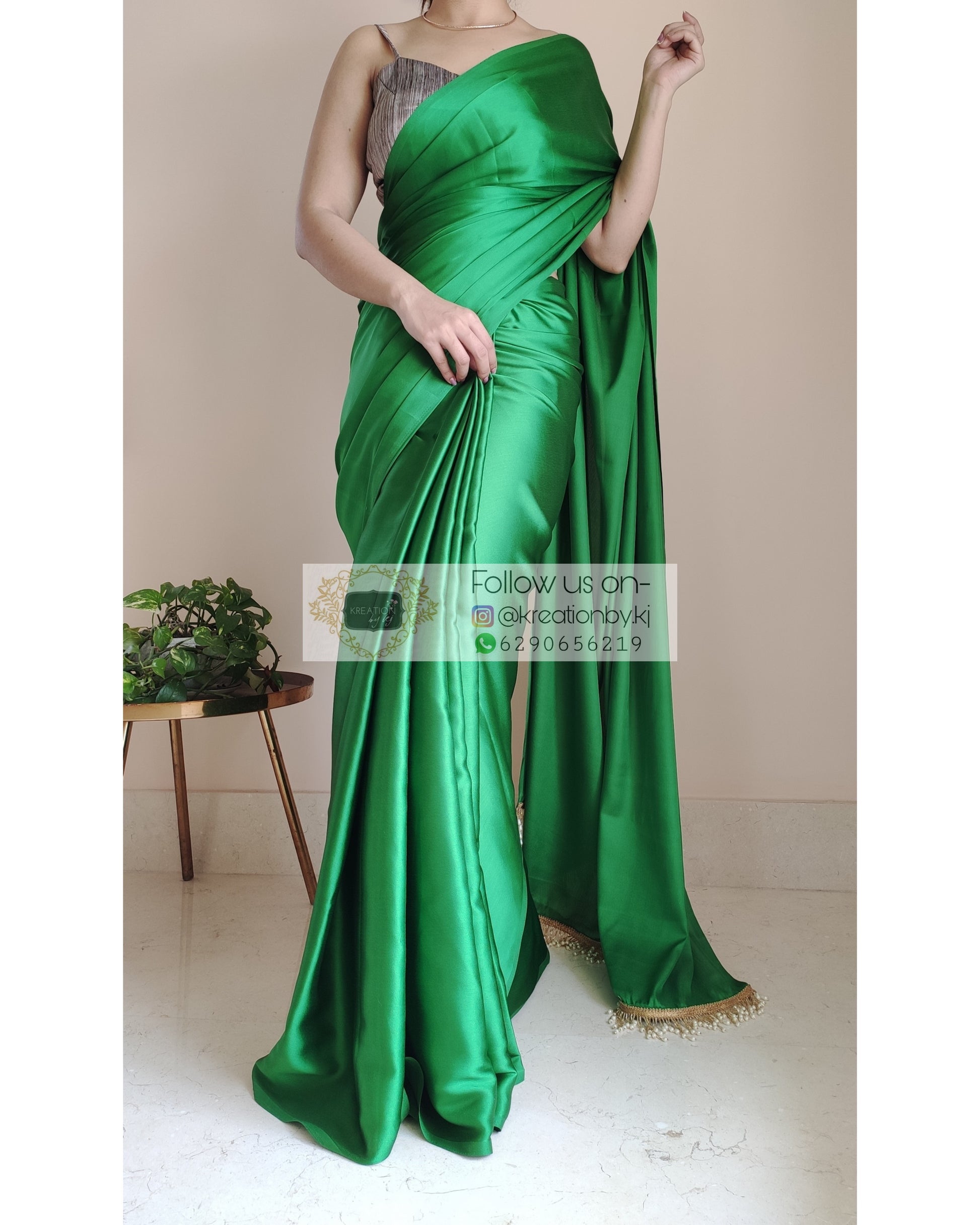 Parrot Green Satin Silk Saree With Handmade Tassels On Pallu - kreationbykj