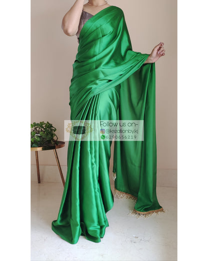 Parrot Green Satin Silk Saree With Handmade Tassels On Pallu - kreationbykj