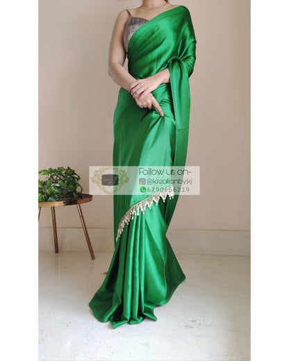 Parrot Green Satin Silk Saree With Handmade Tassels On Pallu - kreationbykj