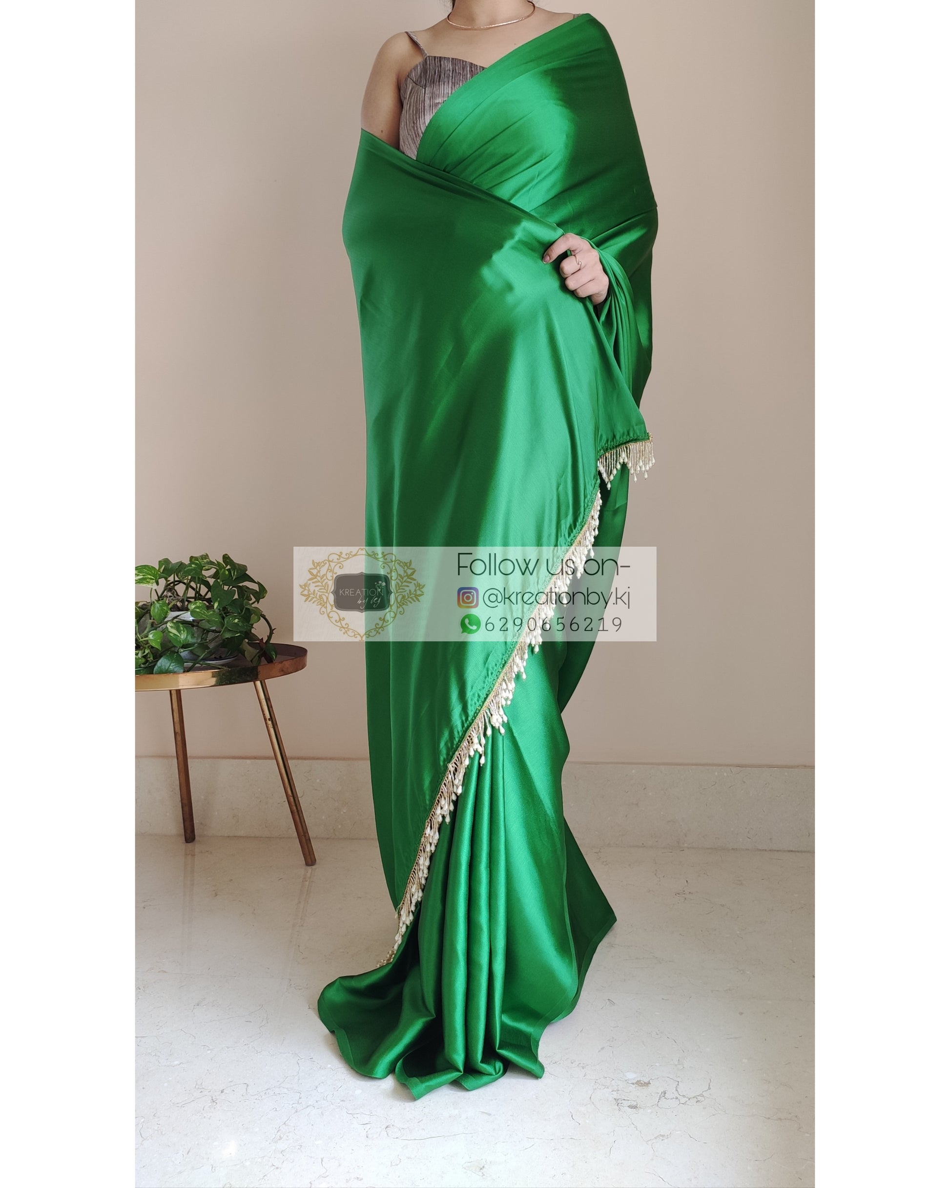 Parrot Green Satin Silk Saree With Handmade Tassels On Pallu - kreationbykj