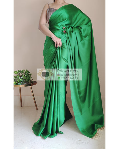 Parrot Green Satin Silk Saree With Handmade Tassels On Pallu - kreationbykj