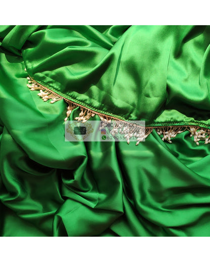 Parrot Green Satin Silk Saree With Handmade Tassels On Pallu - kreationbykj