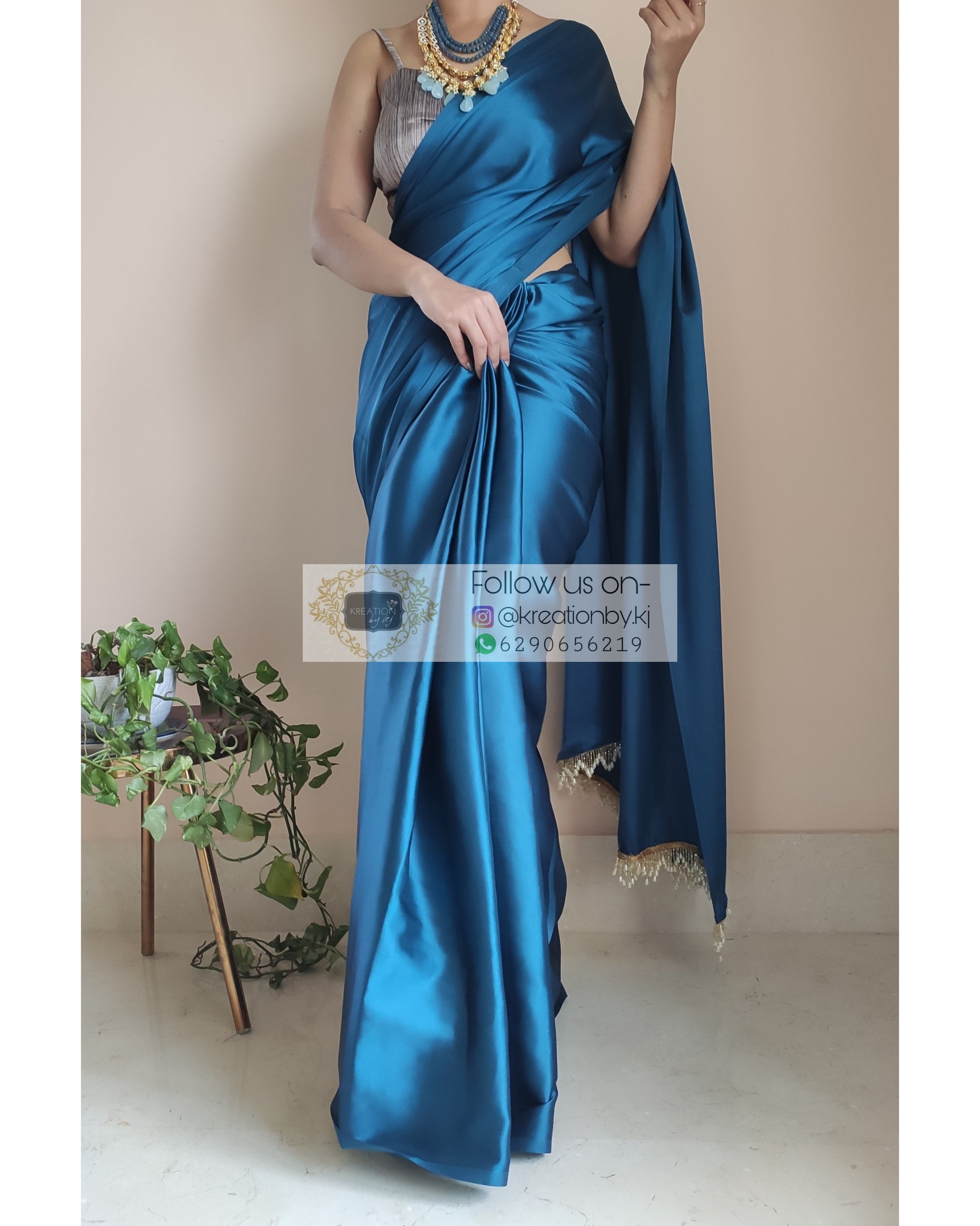 Cobalt Blue Satin Silk Saree With Handmade Tassels On Pallu - kreationbykj