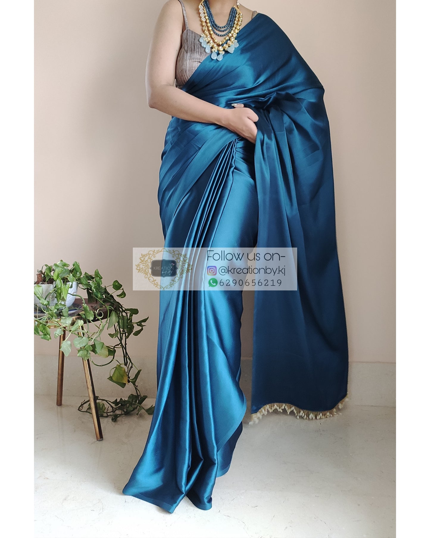 Cobalt Blue Satin Silk Saree With Handmade Tassels On Pallu - kreationbykj