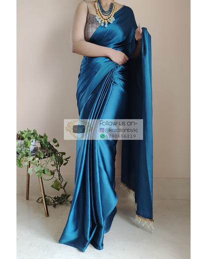 Cobalt Blue Satin Silk Saree With Handmade Tassels On Pallu - kreationbykj