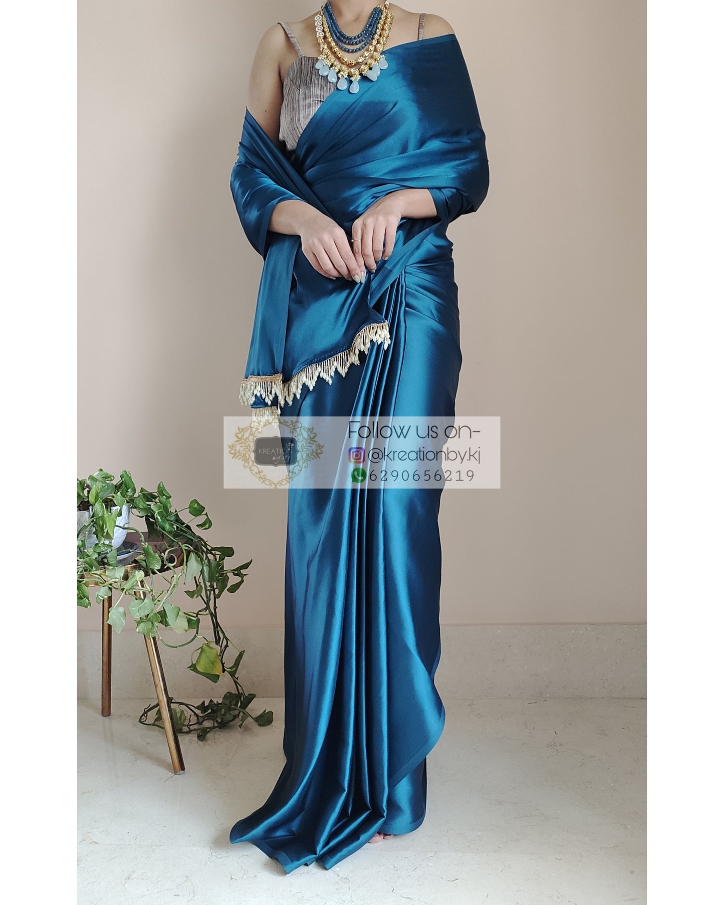 Cobalt Blue Satin Silk Saree With Handmade Tassels On Pallu - kreationbykj