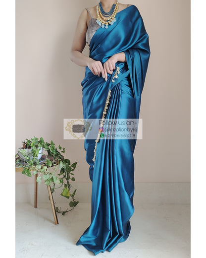 Cobalt Blue Satin Silk Saree With Handmade Tassels On Pallu - kreationbykj