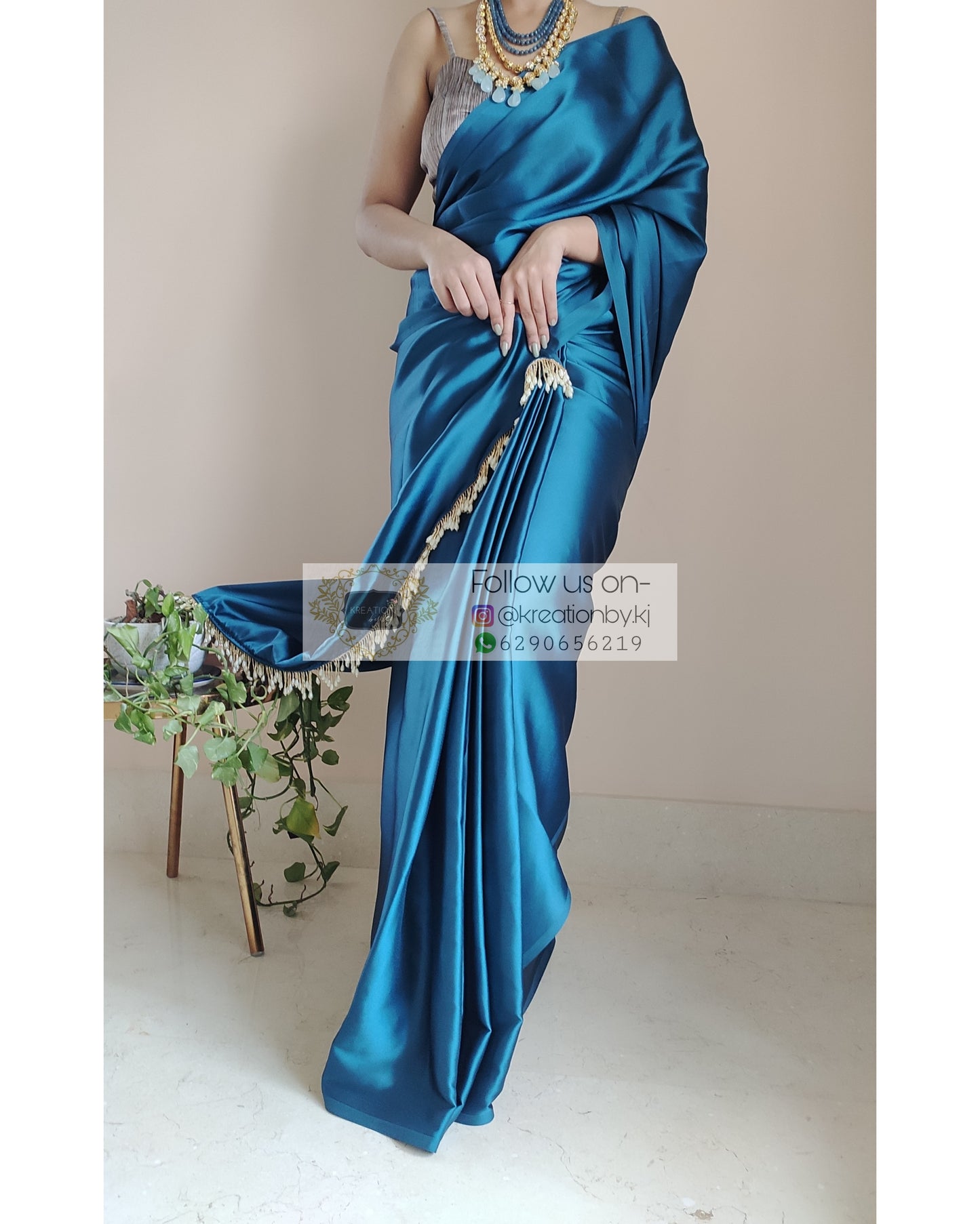 Cobalt Blue Satin Silk Saree With Handmade Tassels On Pallu - kreationbykj