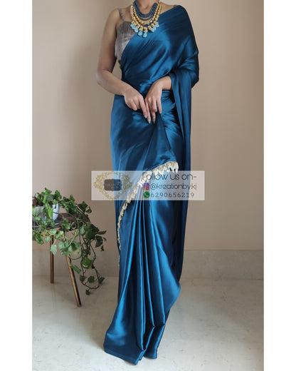 Cobalt Blue Satin Silk Saree With Handmade Tassels On Pallu - kreationbykj