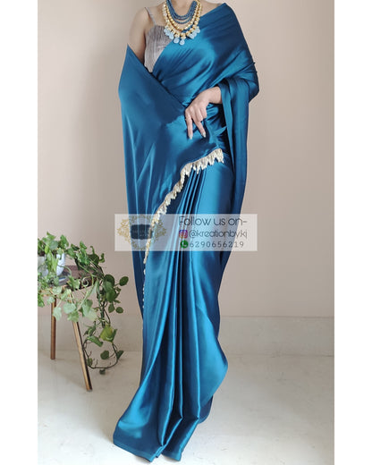 Cobalt Blue Satin Silk Saree With Handmade Tassels On Pallu - kreationbykj