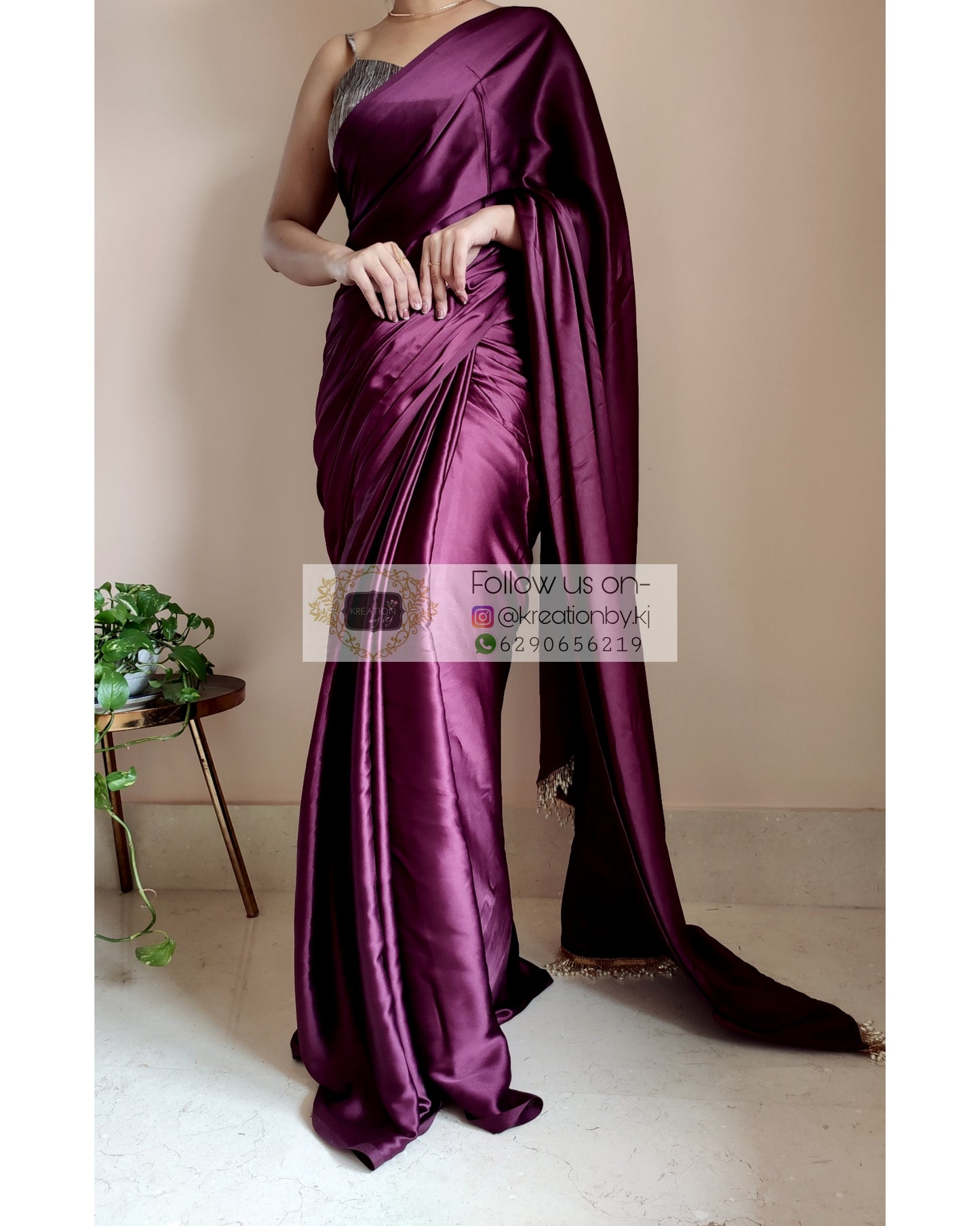 Dark Eggplant Wine Satin Silk Saree With Handmade Tassels On Pallu - kreationbykj