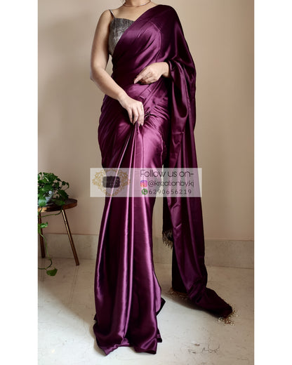 Dark Eggplant Wine Satin Silk Saree With Handmade Tassels On Pallu - kreationbykj