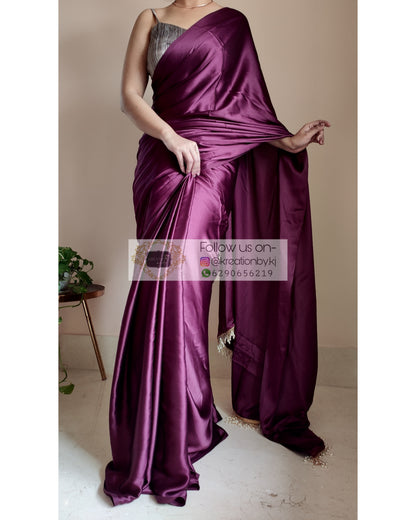 Dark Eggplant Wine Satin Silk Saree With Handmade Tassels On Pallu - kreationbykj