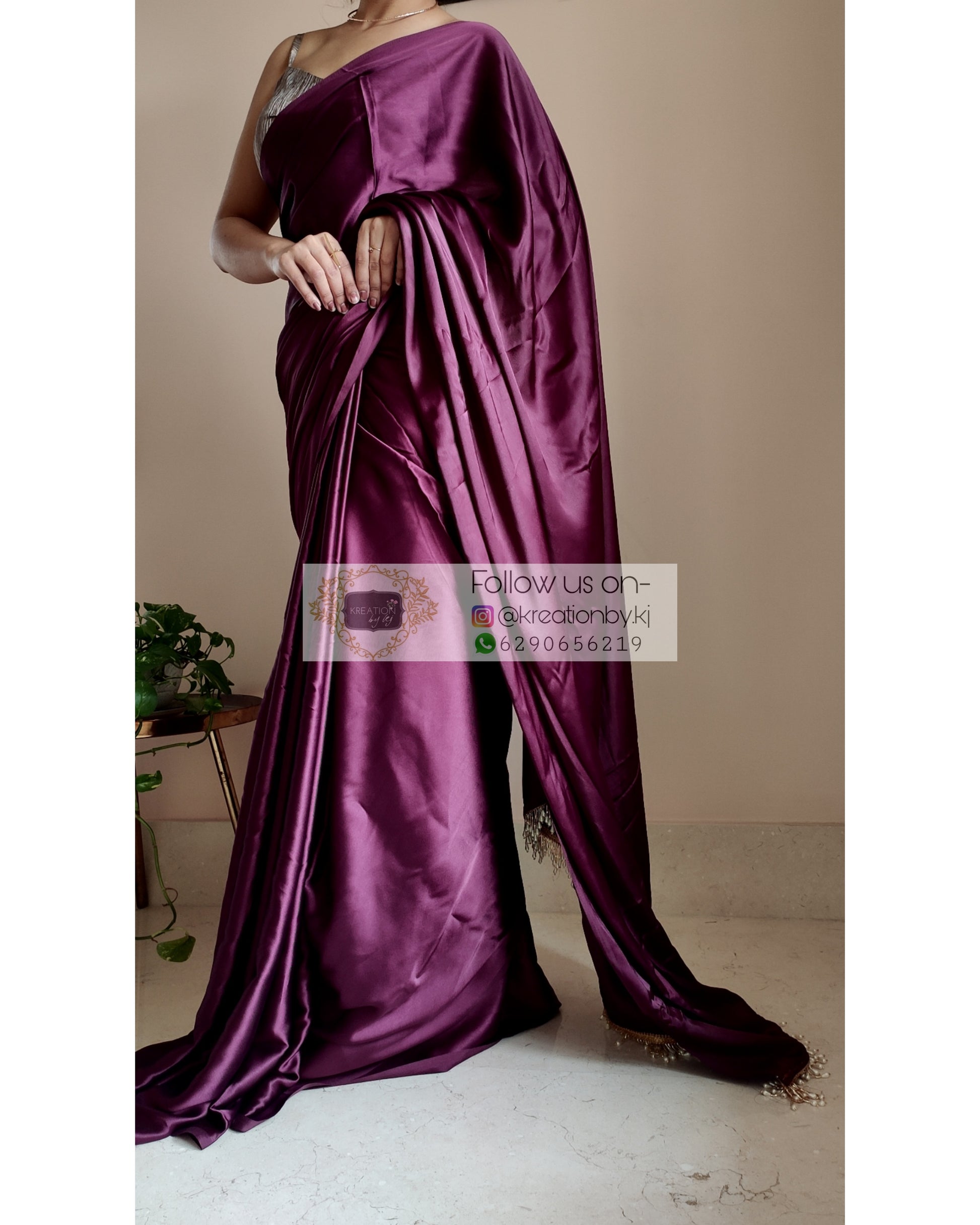 Dark Eggplant Wine Satin Silk Saree With Handmade Tassels On Pallu - kreationbykj