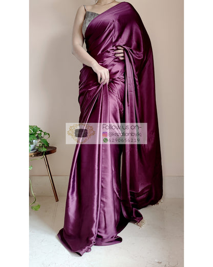 Dark Eggplant Wine Satin Silk Saree With Handmade Tassels On Pallu - kreationbykj