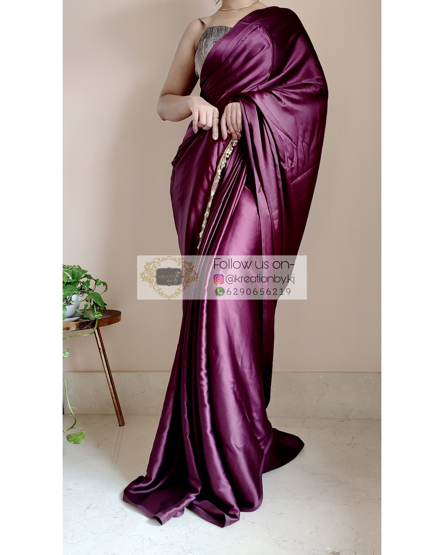 Dark Eggplant Wine Satin Silk Saree With Handmade Tassels On Pallu - kreationbykj