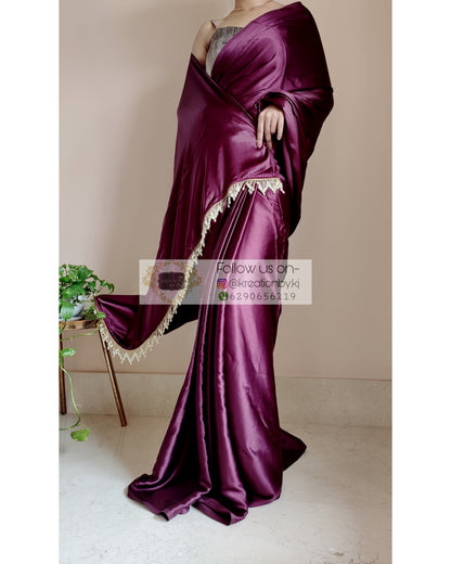 Dark Eggplant Wine Satin Silk Saree With Handmade Tassels On Pallu - kreationbykj