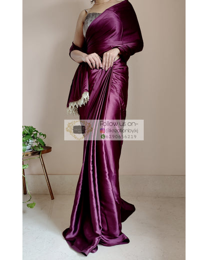 Dark Eggplant Wine Satin Silk Saree With Handmade Tassels On Pallu - kreationbykj