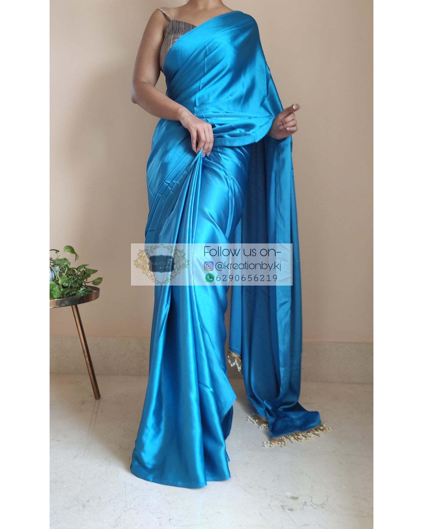 Electric Blue Satin Silk Saree with Handmade Tassels on Pallu - kreationbykj