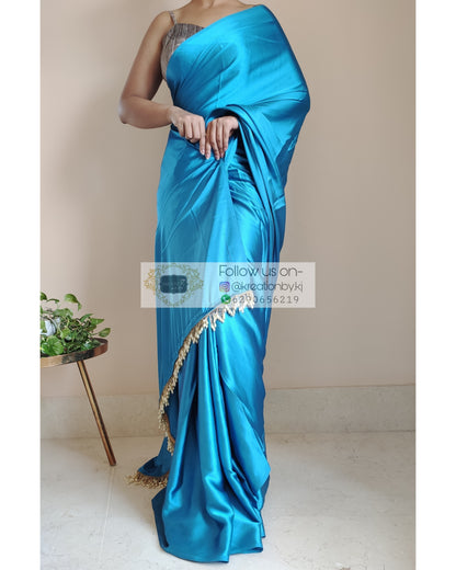 Electric Blue Satin Silk Saree with Handmade Tassels on Pallu - kreationbykj