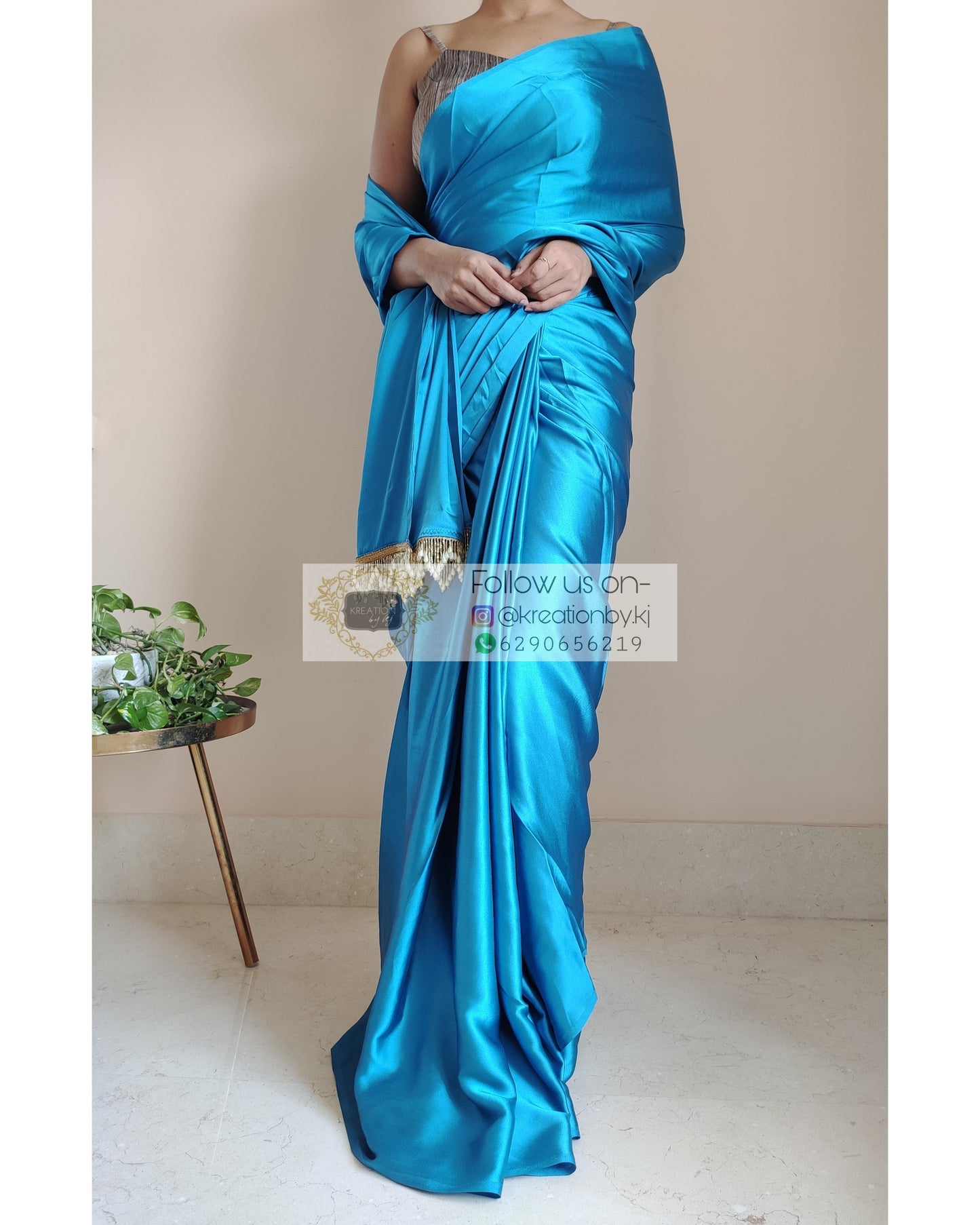 Electric Blue Satin Silk Saree with Handmade Tassels on Pallu - kreationbykj