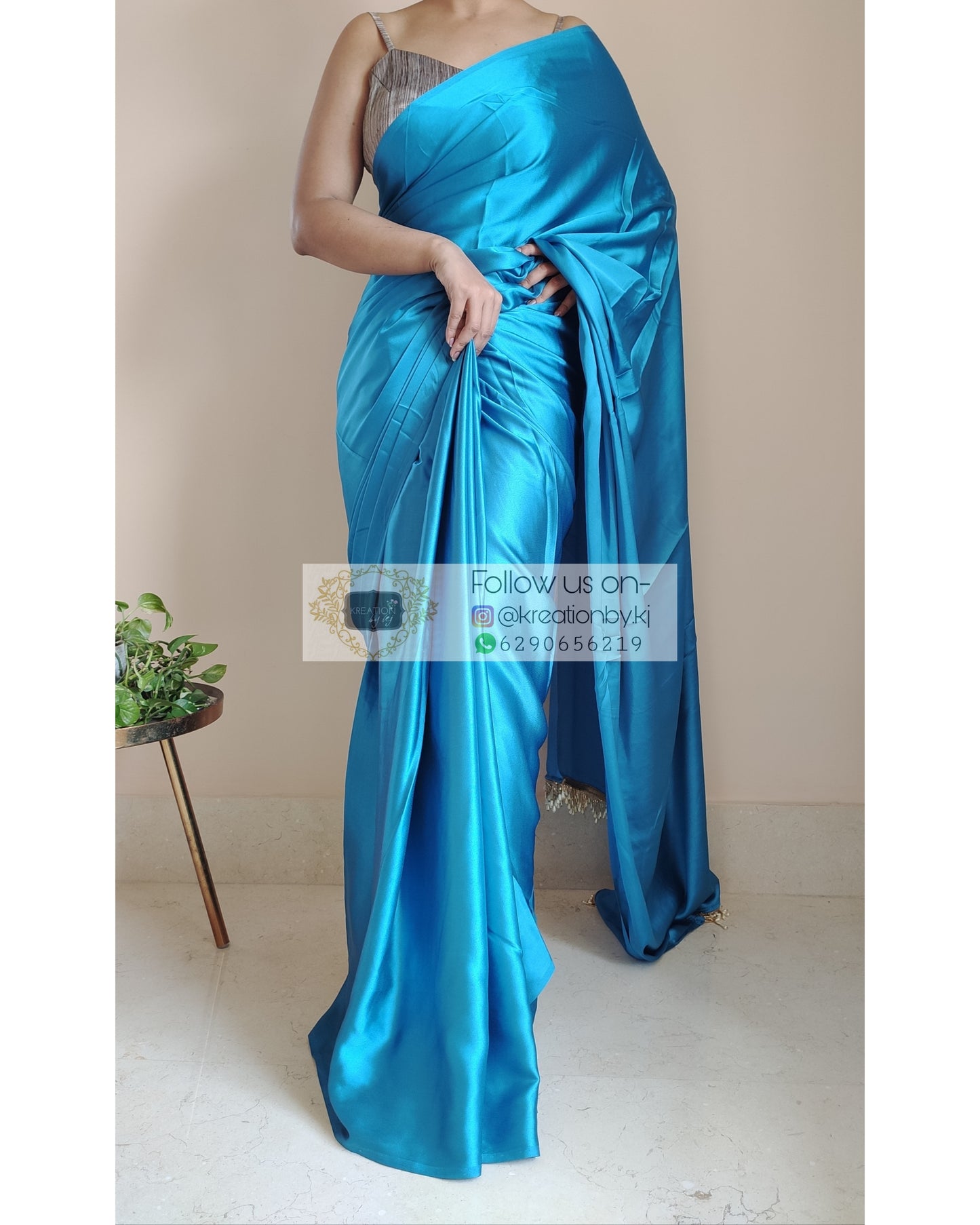 Electric Blue Satin Silk Saree with Handmade Tassels on Pallu - kreationbykj