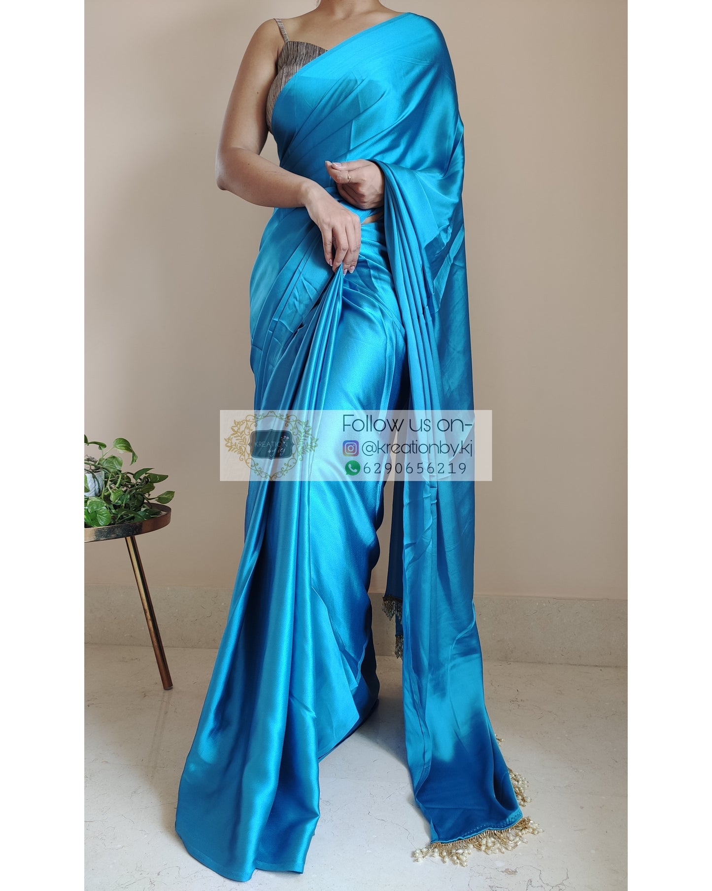 Electric Blue Satin Silk Saree with Handmade Tassels on Pallu - kreationbykj