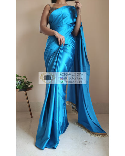 Electric Blue Satin Silk Saree with Handmade Tassels on Pallu - kreationbykj