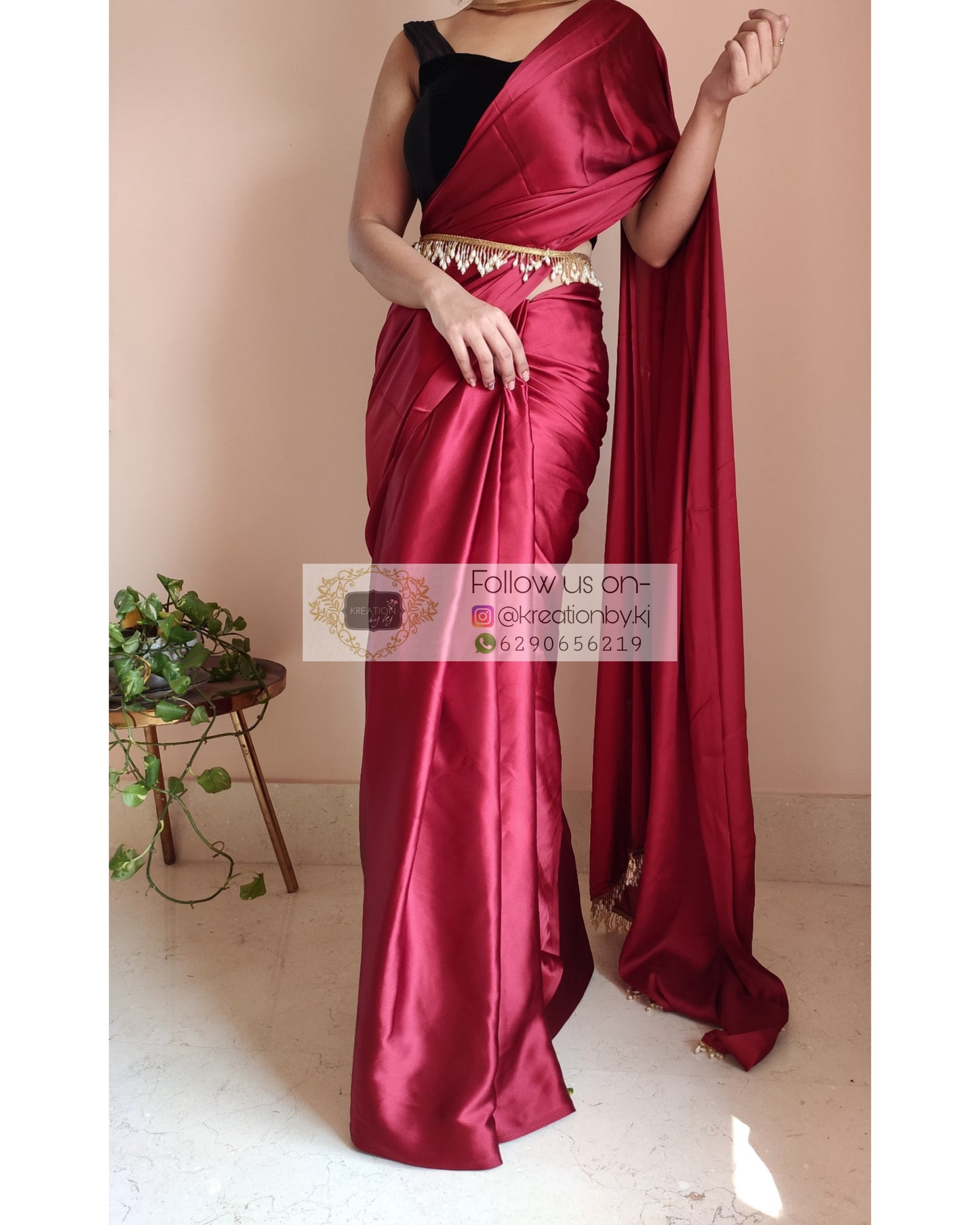 Maroon Satin Silk Saree With Handmade Tassels On Pallu - kreationbykj