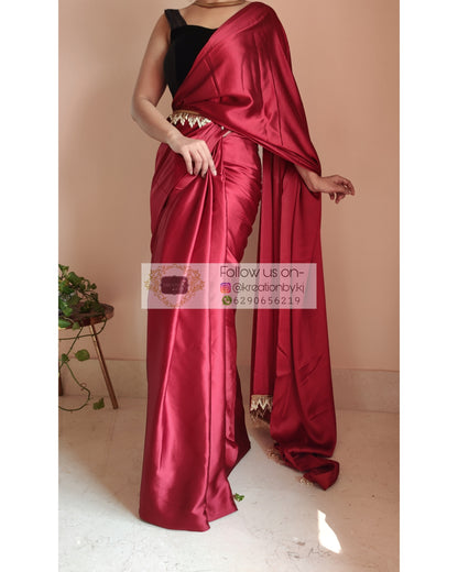 Maroon Satin Silk Saree With Handmade Tassels On Pallu - kreationbykj