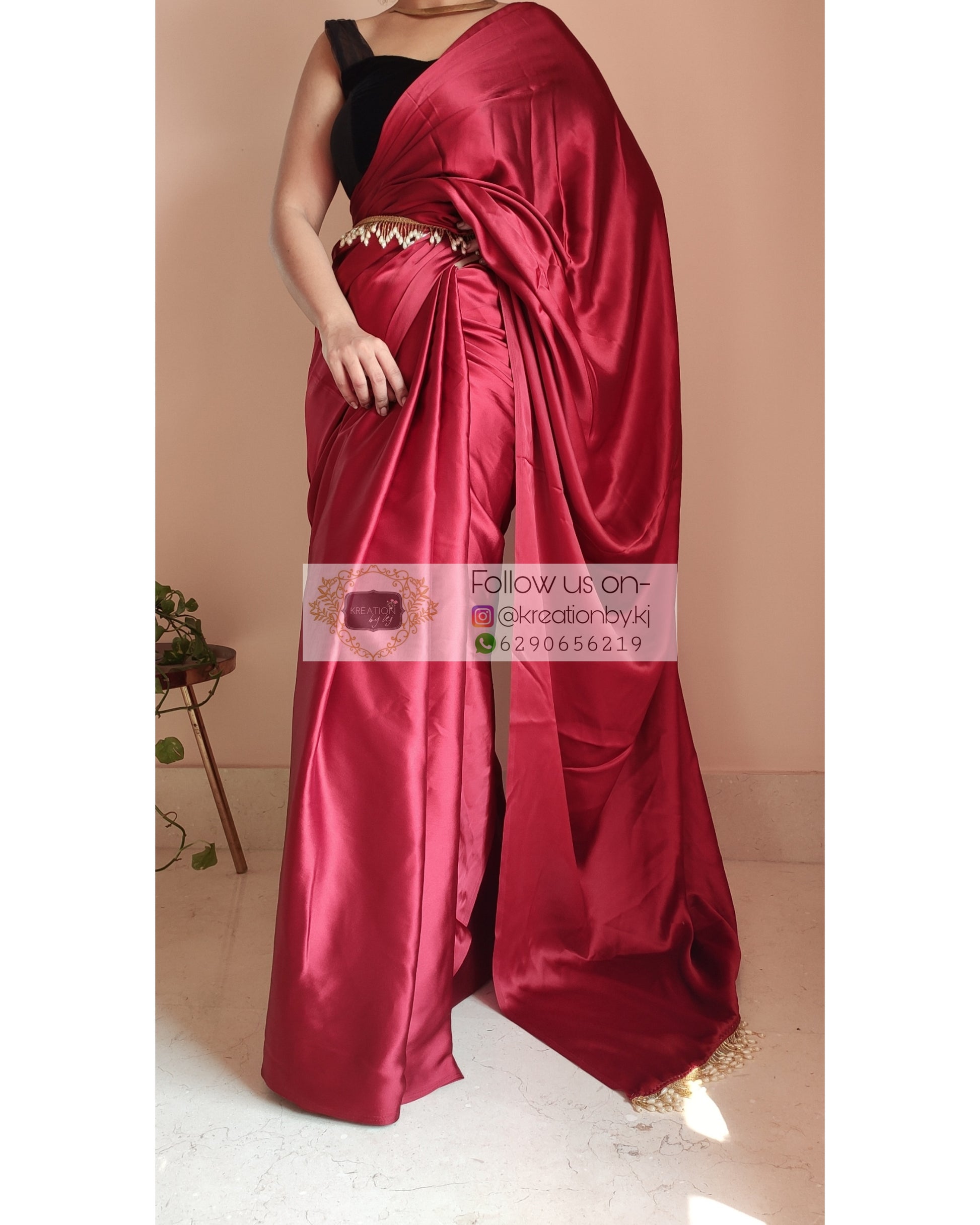 Maroon Satin Silk Saree With Handmade Tassels On Pallu - kreationbykj