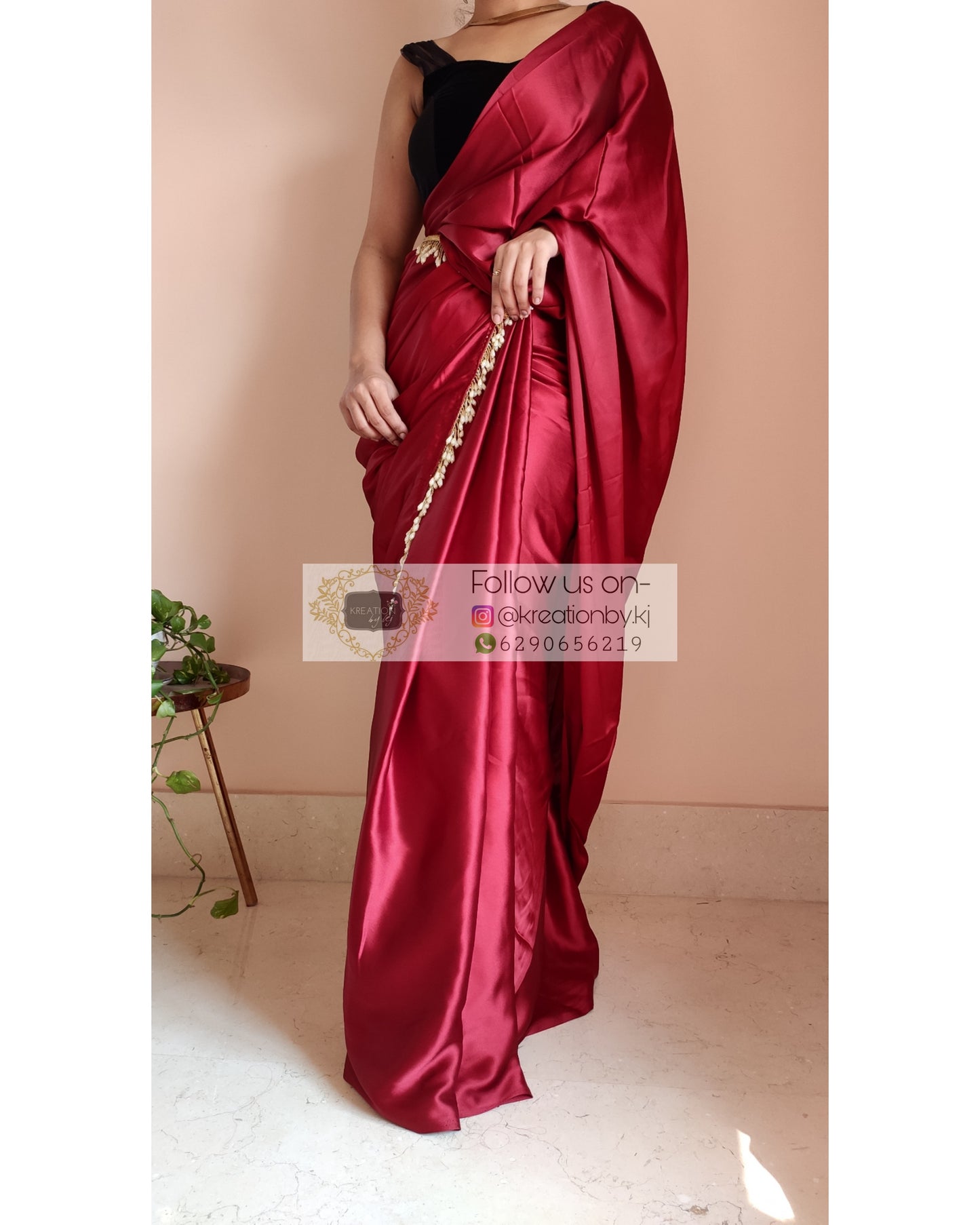 Maroon Satin Silk Saree With Handmade Tassels On Pallu - kreationbykj