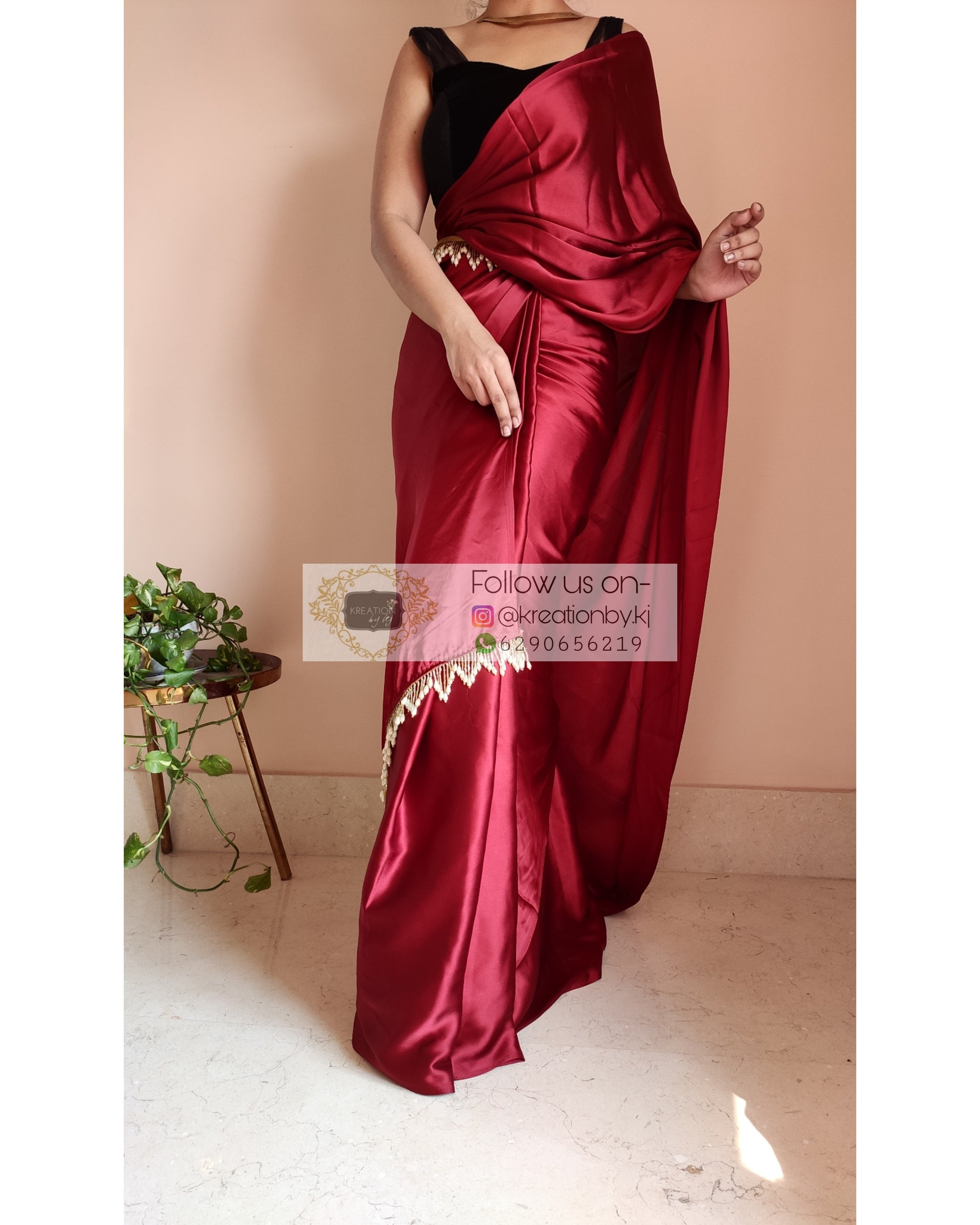 Maroon Satin Silk Saree With Handmade Tassels On Pallu - kreationbykj